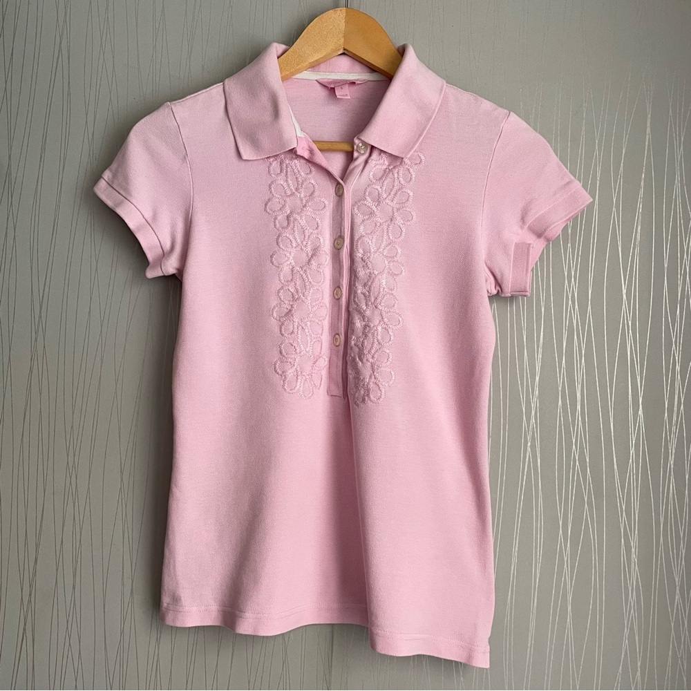 Lilly Pulitzer Floral Embroidered 5-Button Polo Top Small Pink Cotton Preppy